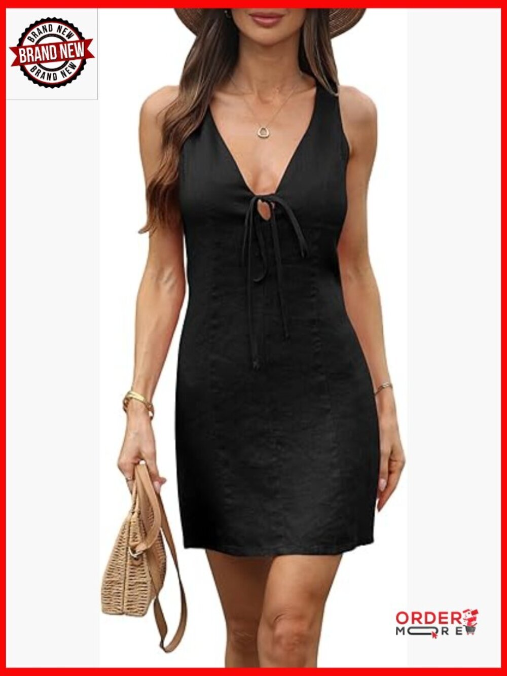 100% Linen V-Neck Tie Front Mini Dress Sleeveless Back Zipper Summer Bodycon